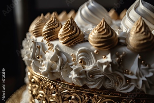 close-up of beautifully decorated meringue cake, with intricate piping and swirls, created with generative ai