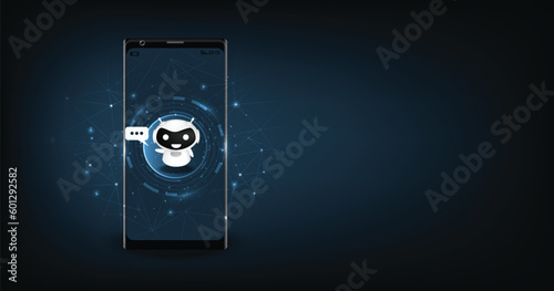 Communication with AI bot via mobile phone. cartoon cute white robot on a mobile phone. robot assistant online consultant. 3d illustration on dark blue background. Concept of a chatbot. 