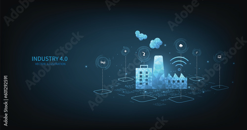 Industrial plants and connections to automation with futuristic elements.Industry 4.0 concept design on dark blue background. Autonomous industrial technology design.	
