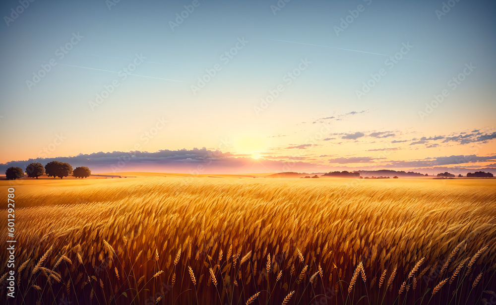 a field of wheat under a blue sky with clouds and sun in the background. Generative AI.