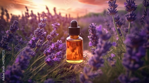 An essential oil jar is placed against the backdrop of a beautiful lavender field, highlighting the natural and calming benefits of aromatherapy AI Generated.