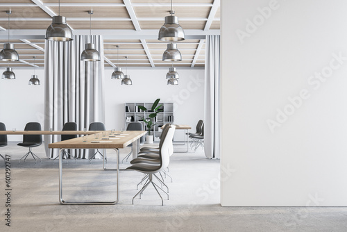 Modern meeting room interior with blank mock up place on wall, curtain partitions, furniture and equipment. 3D Rendering.
