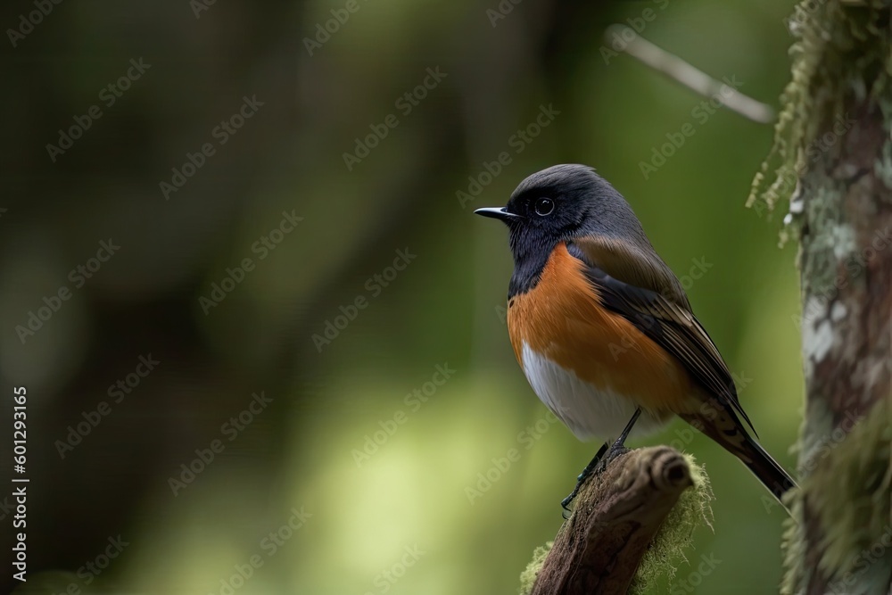 male redstart bird perched atop branch, looking out at the forest, created with generative ai male redstart bird perched atop branch, looking out at the forest, created with generative ai