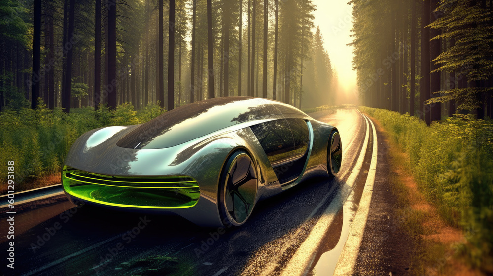 A futuristic green car is showcased, embodying the latest advancements in eco-friendly and sustainable transportation technology AI generated.