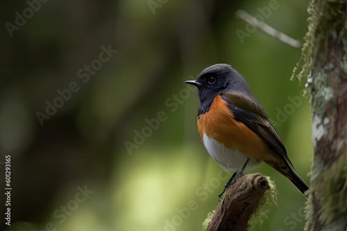 male redstart bird perched atop branch, looking out at the forest, created with generative ai
