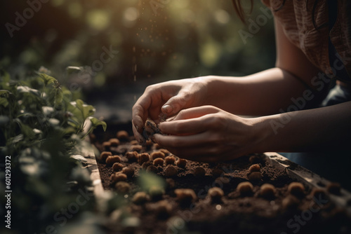 A woman's hands planting seeds in a garden representing sustainability and eco-friendly practices