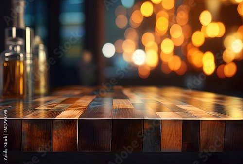 a wooden bar table against blurred background, generative ai