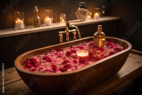 bubbling bath with rose petals and essential oils, for the ultimate sensory experience, created with generative ai