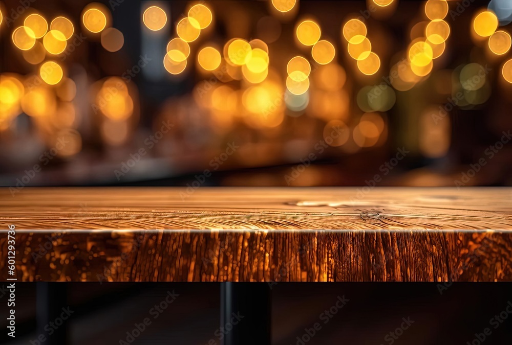 a wooden bar table against blurred background, generative ai