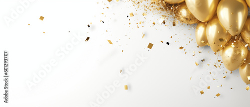 Abstract background gold fireworks and falling shiny confetti and balloon on white background Copy space Celebration and party  copy space on left