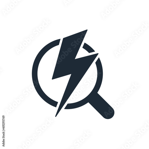 Lightning icon under a magnifying glass. Energy value.Vector linear icon isolated on white background.