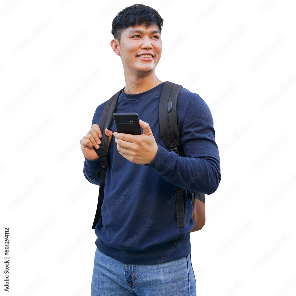 close up young asian backpacker man use smartphone to check about boarding time or flight at airport isolated in transparent background for design on content of vacation and travel lifestyle concept close up young asian backpacker man use smartphone to check about boarding time or flight at airport isolated in transparent background for design on content of vacation and travel lifestyle concept
