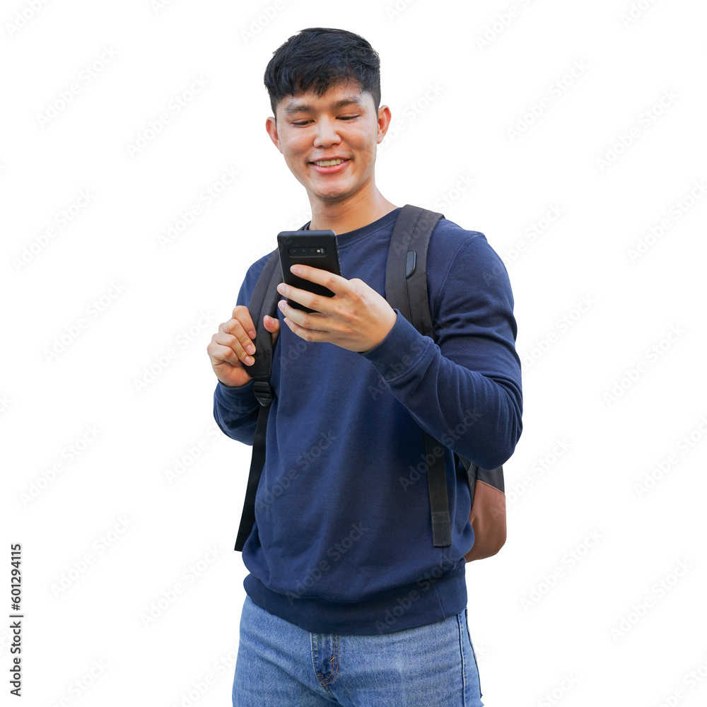 close up young asian backpacker man use smartphone to check about boarding time or flight at airport isolated in transparent background for design on content of vacation and travel lifestyle concept close up young asian backpacker man use smartphone to check about boarding time or flight at airport isolated in transparent background for design on content of vacation and travel lifestyle concept