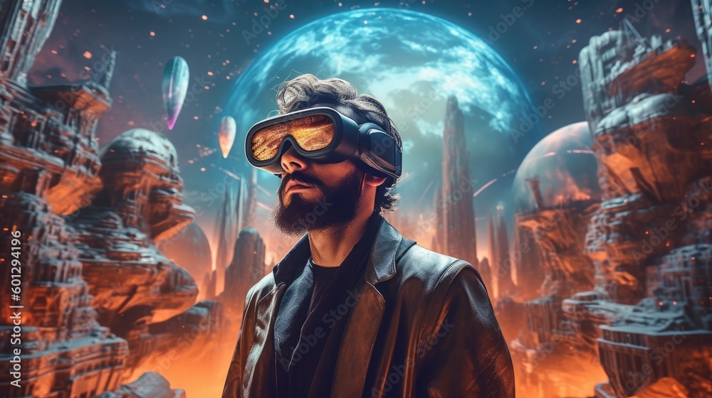 A man wearing virtual reality glasses is shown against the backdrop of a fantasy world, possibly exploring or gaming AI generated.
