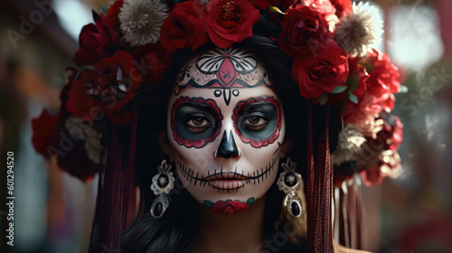 A portrait of a woman is shown with her face painted in the style of a calavera, a traditional symbol of the Day of the Dead holiday. AI generated.