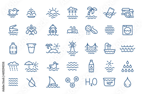 Water icon set. Editable outline stroke. Vector line.