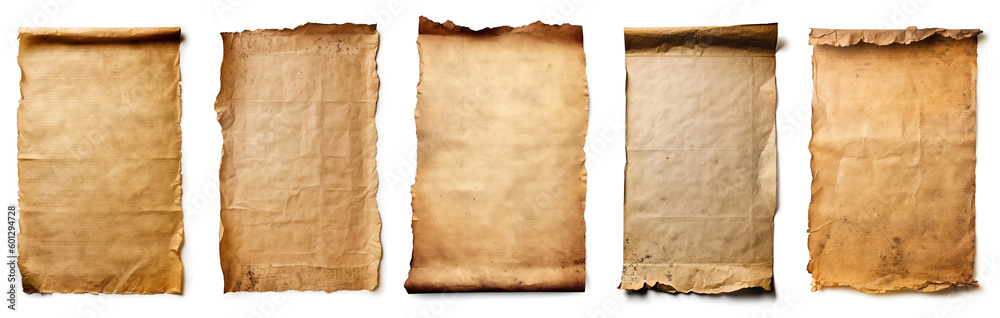 recycled crumpled old paper or parchment scrolls illustration or paper background for design. set with copy space for text or image - Generative AI