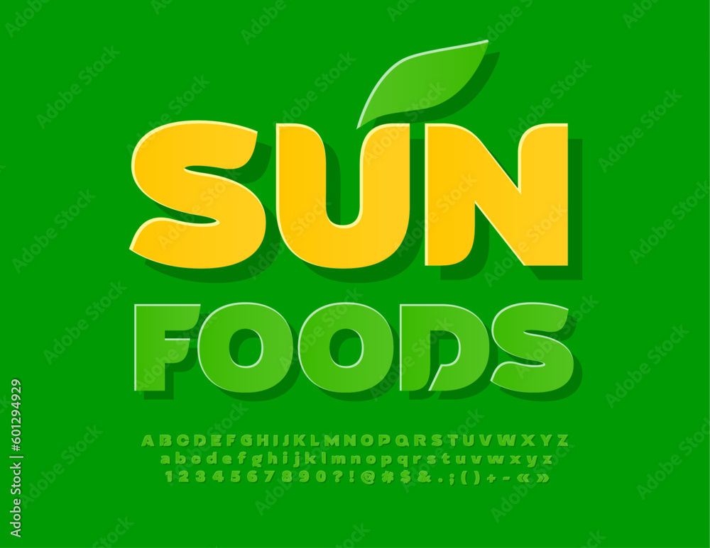 Naklejka premium Vector advertising Poster Sun Foods. Green sticker Font. Modern Bright Alphabet Letters and Numbers set