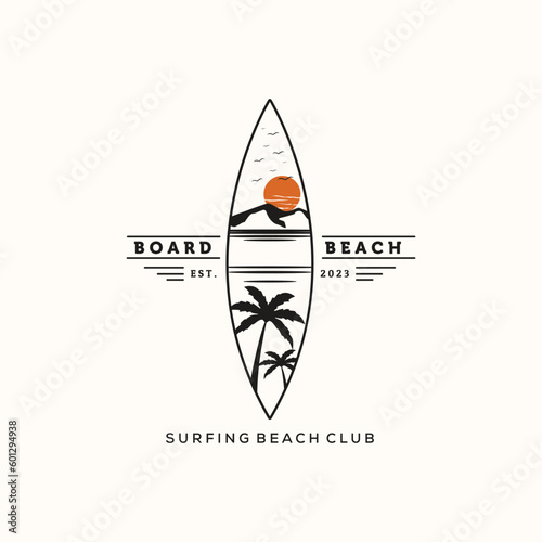 sunset surfboard beach vintage logo vector minimalist illustration design, panorama of surfing beach symbol design