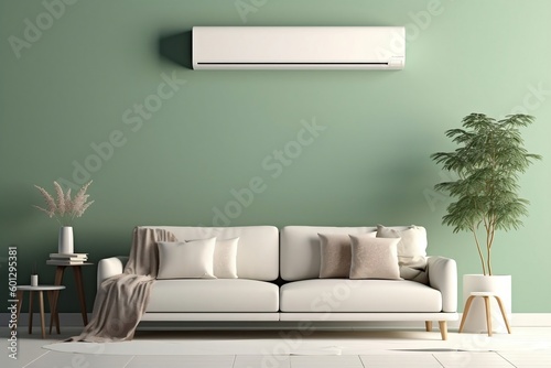 Modern White Air Multiplier in Cozy Living Room - Ideal for Smart Home Air Quality Lifestyle on Sage Green Wall with Beige Sofa, Ai Generative