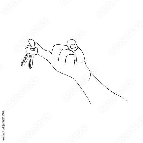 Human hand holding the keys. Line art drawing. The concept of real estate sales. Hand drawn vector illustration.