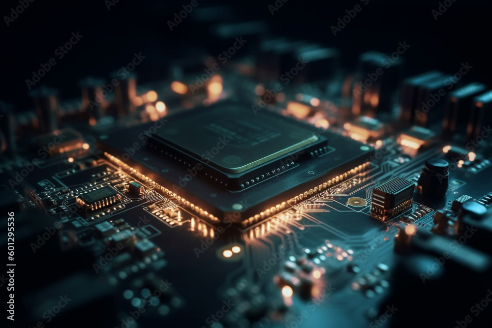 Processor chip on circuit board, close up view.Generative AI