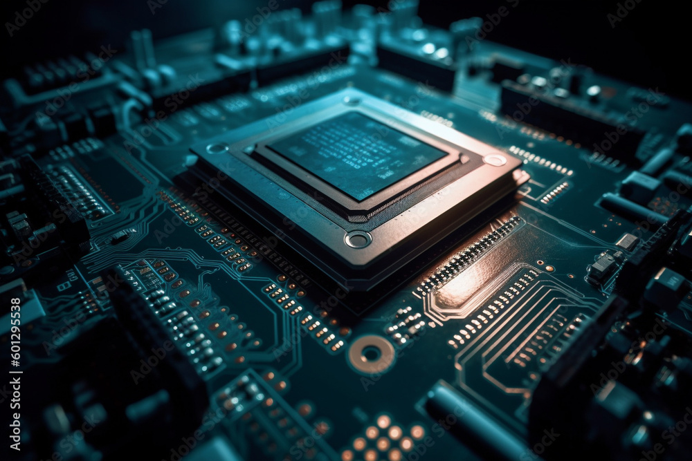 Processor chip on circuit board, close up view.Generative AI Processor chip on circuit board, close up view.Generative AI