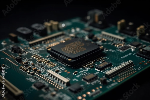 Processor chip on circuit board, close up view.Generative AI