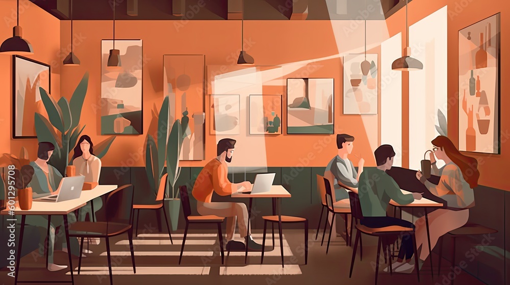 Colorful illustration of a group of tech people working Colorful illustration of a group of tech people working