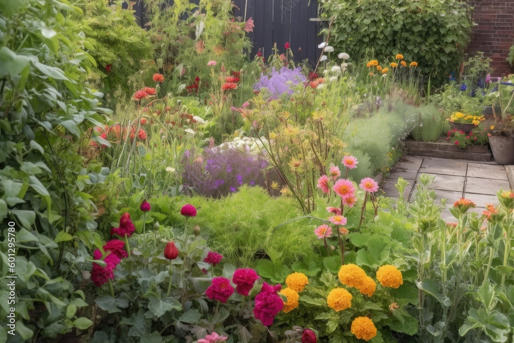 close-up of thriving garden, with delicate blooms and vibrant foliage, created with generative ai close-up of thriving garden, with delicate blooms and vibrant foliage, created with generative ai
