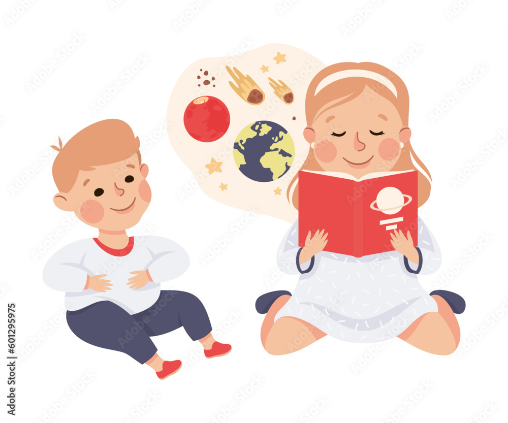 Elder sister reading book to little brother. Happy girl and boy having good time together cartoon vector illustration Elder sister reading book to little brother. Happy girl and boy having good time together cartoon vector illustration