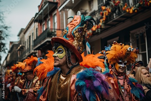 mardi gras parade, with floats and costumes, making its way through the streets, created with generative ai photo