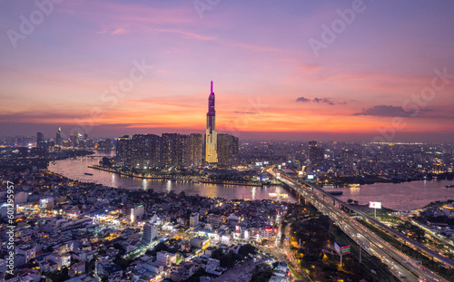 Sunset on Saigon river at Landmark, Ho Chi Minh city Vietnam. Photo taken on February 2023
