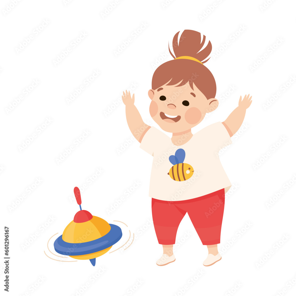 Happy preschool little girl playing whirligig humming toy cartoon vector illustration Happy preschool little girl playing whirligig humming toy cartoon vector illustration