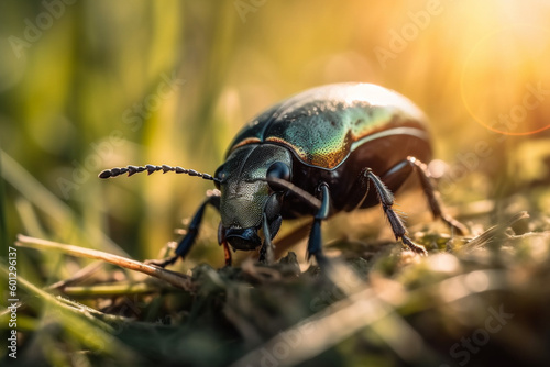 Beetle on green grass, close up macro view. Generative AI