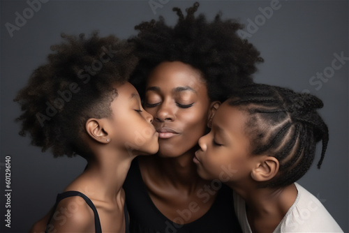 African mid woman and children kissing and hugging on a black background