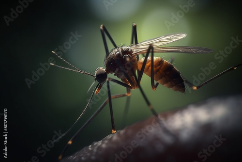 Mosquito, close up macro view of mosqito on human skin. Generative AI