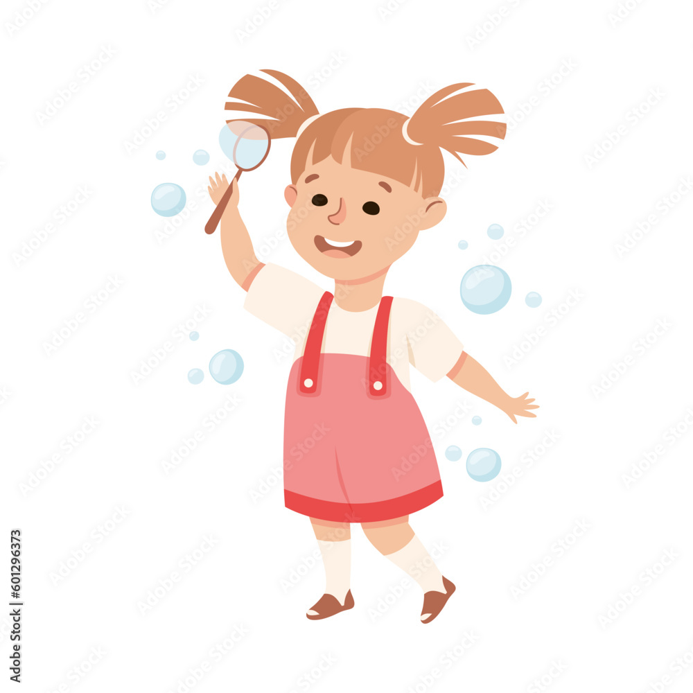 Joyful preschool little girl playing with soap bubbles cartoon vector illustration