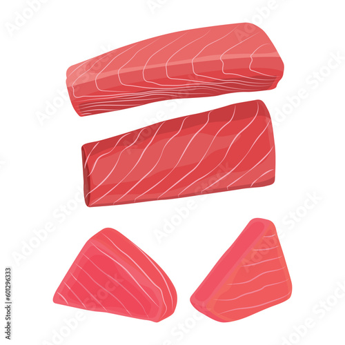 Vector illustration of fresh raw salmon, trout, tuna fillet. Fresh delicious seafood meat cartoon drawing for digital resources.