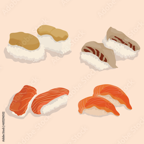 Vector illustration nigiri sushi set on pastel color background. Nigiri, Sushi, Salmon, Tuna, Shrimp, Avocado Japanese Food. Delicious japanese culinary