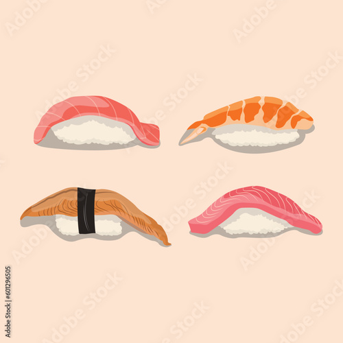 Vector illustration nigiri sushi set on pastel color background. Nigiri, Sushi, Salmon, Tuna, Shrimp, Avocado Japanese Food. Delicious japanese culinary