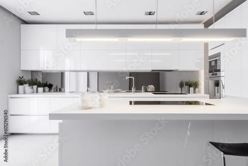 home house indoor apartment interior contemporary kitchen nobody white modern design. Generative AI.