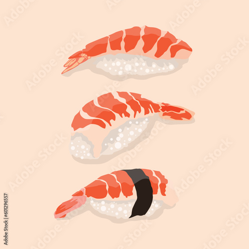 Vector illustration nigiri sushi set on pastel color background. Nigiri, Sushi, Salmon, Tuna, Shrimp, Avocado Japanese Food. Delicious japanese culinary