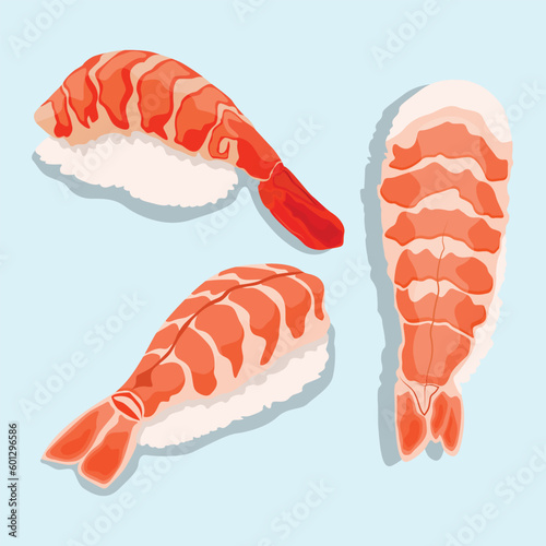 Vector illustration nigiri sushi set on pastel color background. Nigiri, Sushi, Salmon, Tuna, Shrimp, Avocado Japanese Food. Delicious japanese culinary