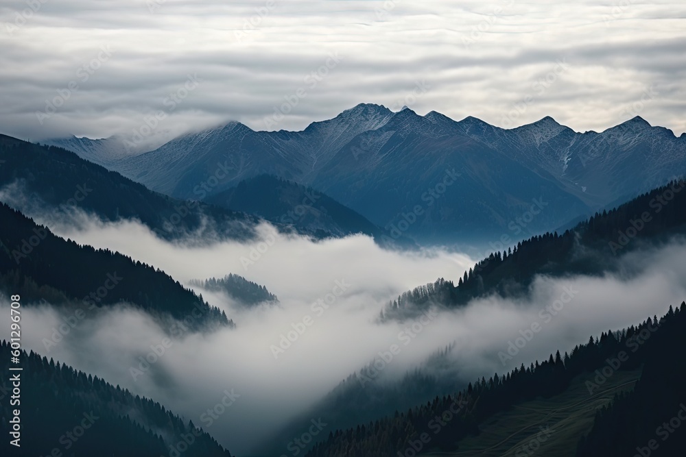 view of majestic mountain range, with misty clouds and rolling fog, created with generative ai