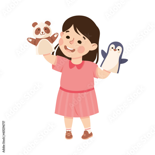 Happy little girl playing hand puppets. Happy kid playing toys cartoon vector illustration