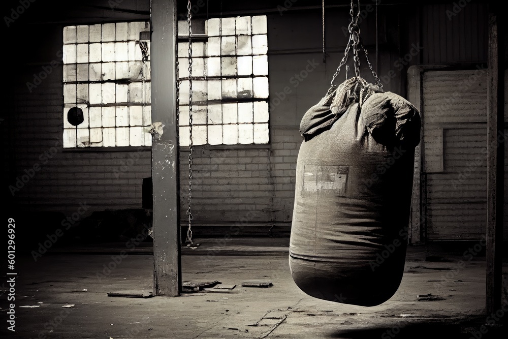 punching bag, hanging from chains in abandoned warehouse, created with generative ai