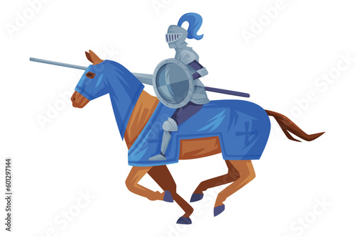 Medieval armored knight on horseback holding sword in his hands preparing to strike in joust vector illustration