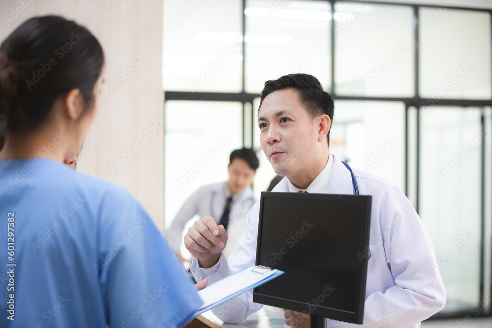 Doctor checking consultation with patient for checkup. work on healthcare paperwork and happiness of medical professional, checklist and report a results in hospital clinic, health insurance business Doctor checking consultation with patient for checkup. work on healthcare paperwork and happiness of medical professional, checklist and report a results in hospital clinic, health insurance business