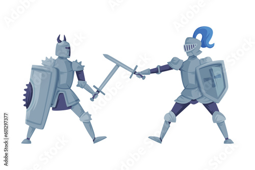Medieval knights in full armour fighting with swords in joust vector illustration